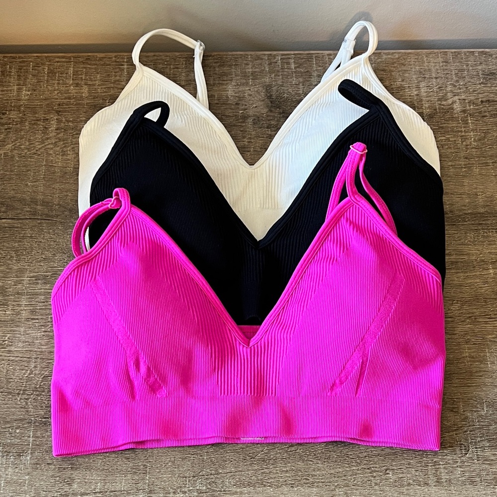 Women's Ribbed Bralette Set - Black, White, and Pink
